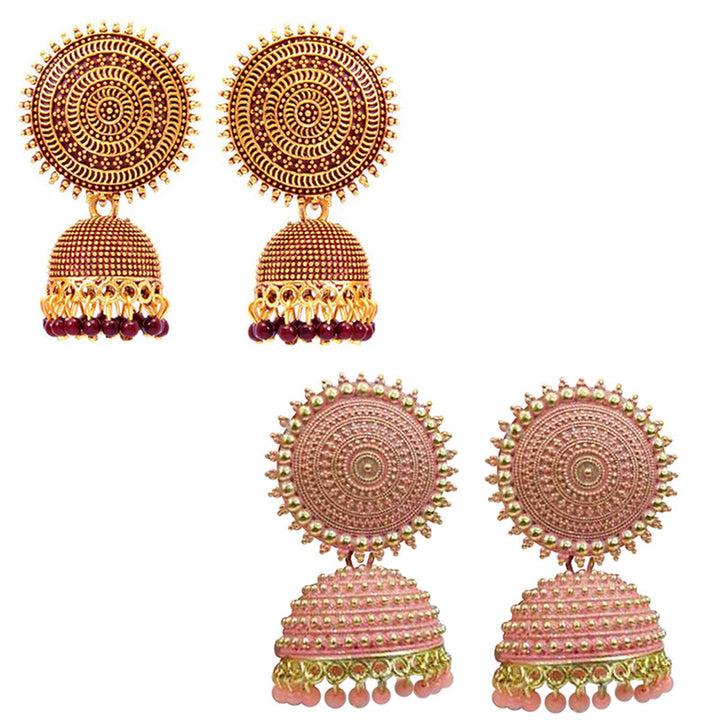 Combo of 2 Traditional Peach and Maroon Pearls Drop Dome Shape Jhumki Earrings