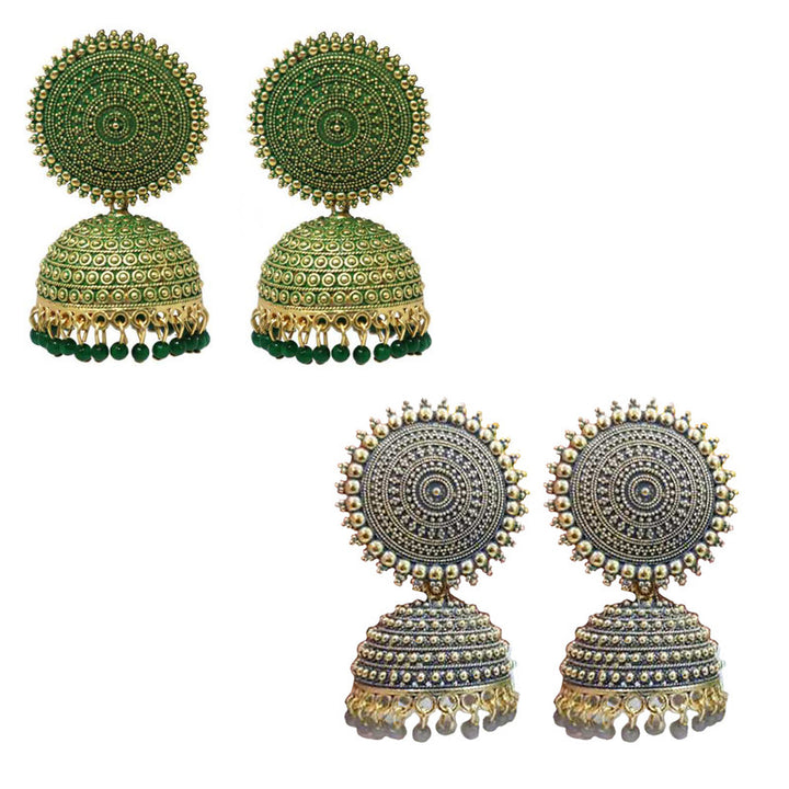 Combo of 2 Stylish Grey and Dark Green Pearls Drop Dome Shape Jhumki Earrings