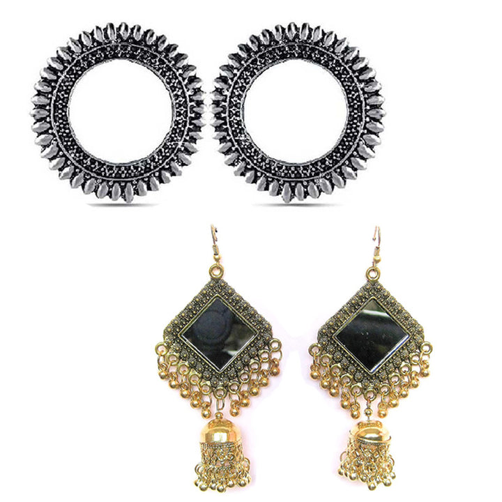 Combo of 2 Square Mirror and Round Shaped Antique Earrings