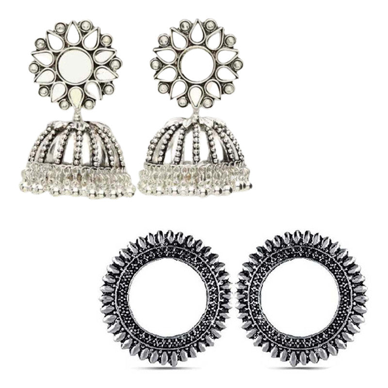 Combo of 2 Stylish Round Shaped Antique and Mirror Stud Jhumki Earrings