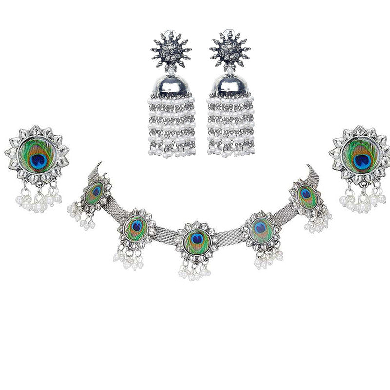 Vembley Combo of Pearl Silver Lotus Jewelry Set and chandelier Earring  for women and Girls