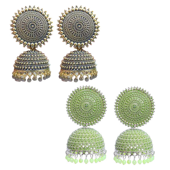 Combo of 2 Lavish Seagreen and Grey Pearls Drop Dome Shape Jhumki Earrings