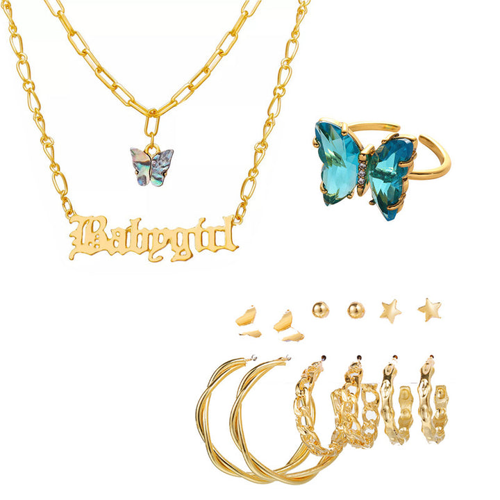Vembley Combo Of BlueCrystal Butterfly Pendant Necklace and Earrings With Ring For Women and Girls