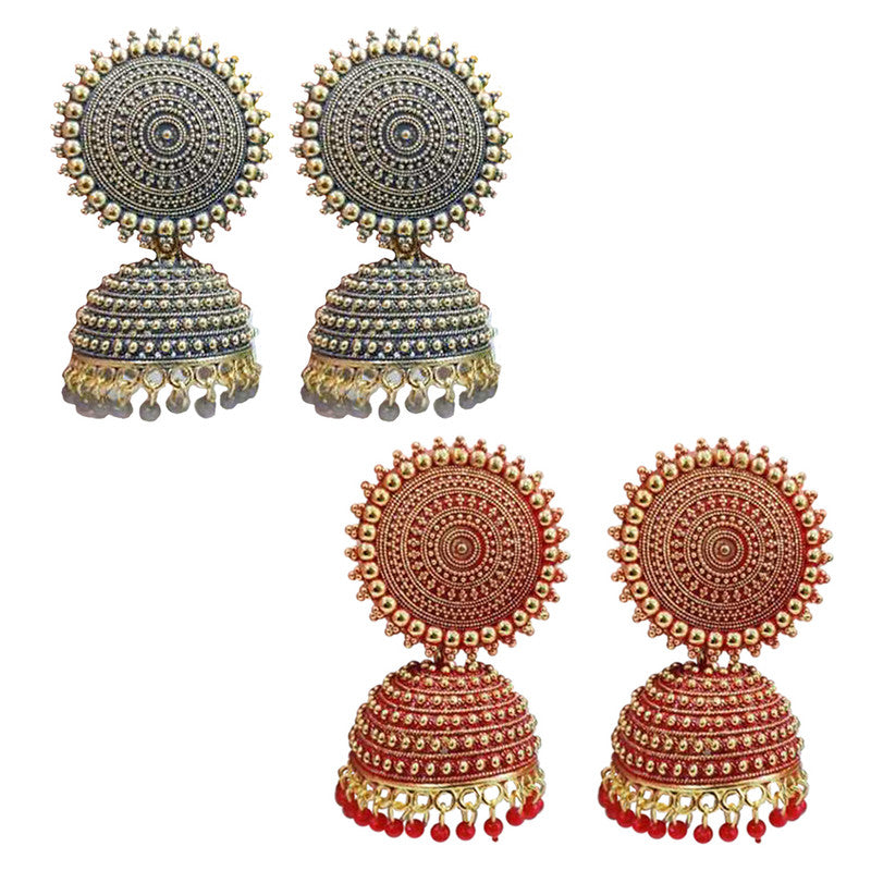 Combo of 2 Attractive Red and Grey Pearls Drop Dome Shape Jhumki Earrings