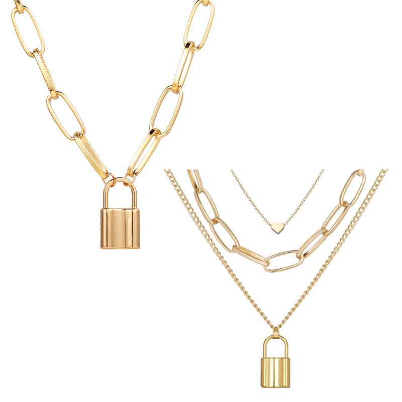 Combo of 2 Pretty Gold Plated Layered Lock and Key Pendant Necklace