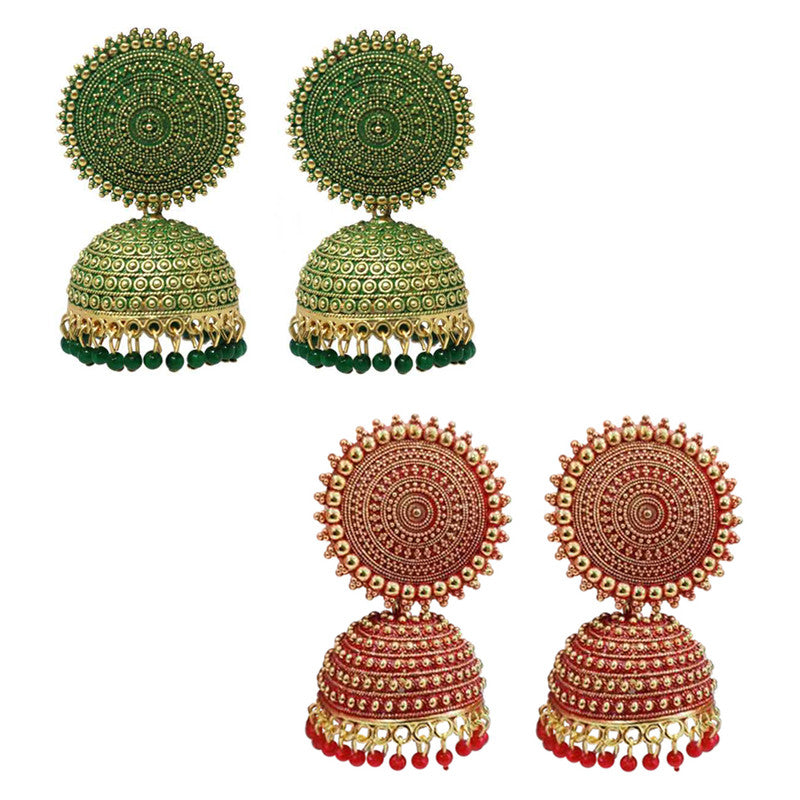 Combo of 2 Enamelled Red and Dark Green Pearls Drop Dome Shape Jhumki Earrings
