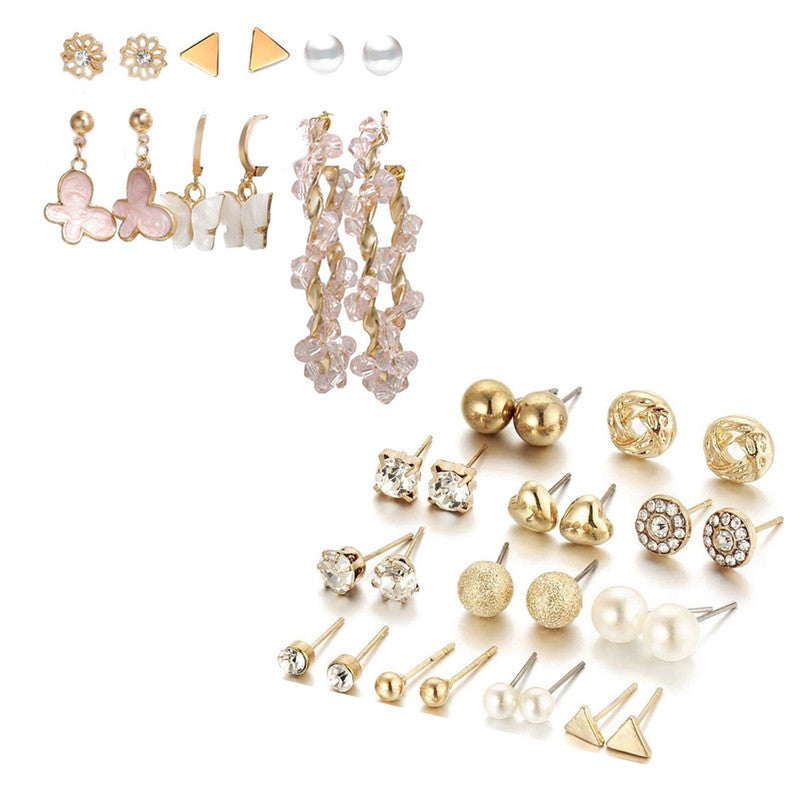 Combo of 18 Pair Stunning Gold-Plated Studded Pearl Studs and Hoop Earrings