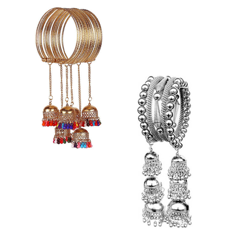 Vembley Combo of 2 Trendy Golden and  Silver Bangle Bracelet with Hanging multicolor Beads Jhumki