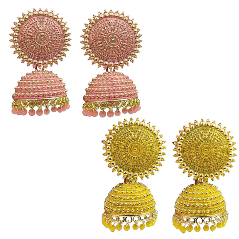 Combo of 2 Lavish Yellow and Peach Pearls Drop Dome Shape Jhumki Earrings