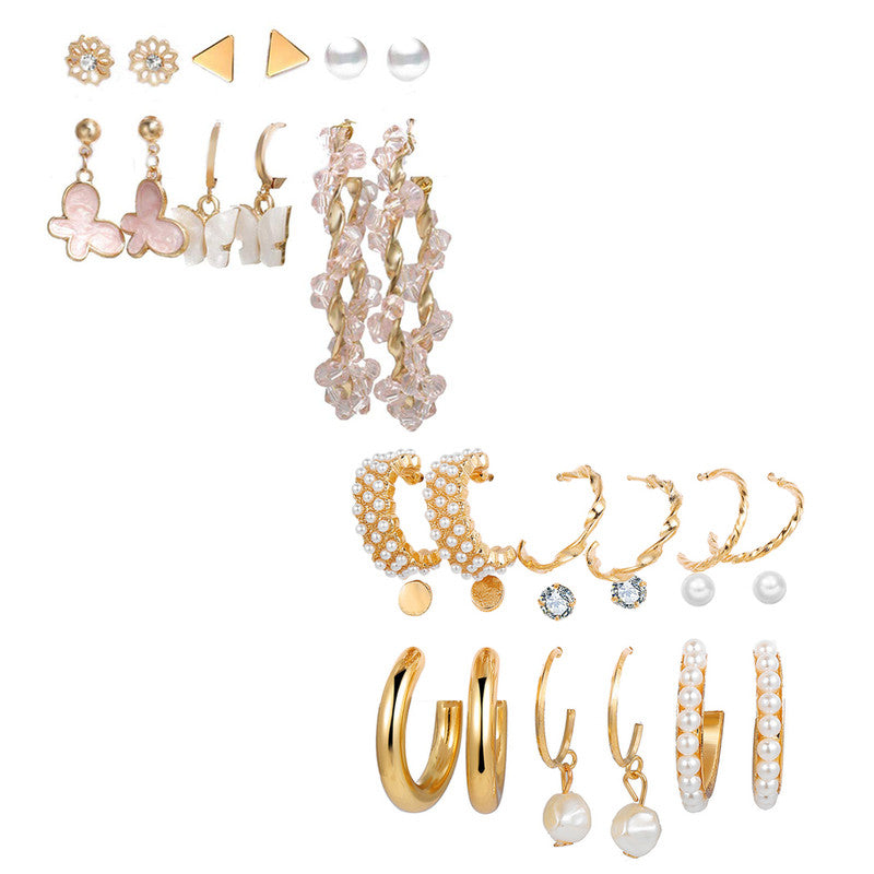 Combo of 15 Pair Stylish Gold-Plated Studs and Pearl Hoop Earrings