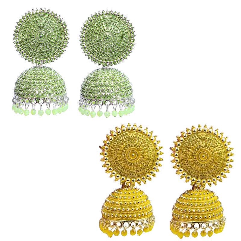 Combo of 2 Stylish Yellow and Seagreen Pearls Drop Dome Shape Jhumki Earrings