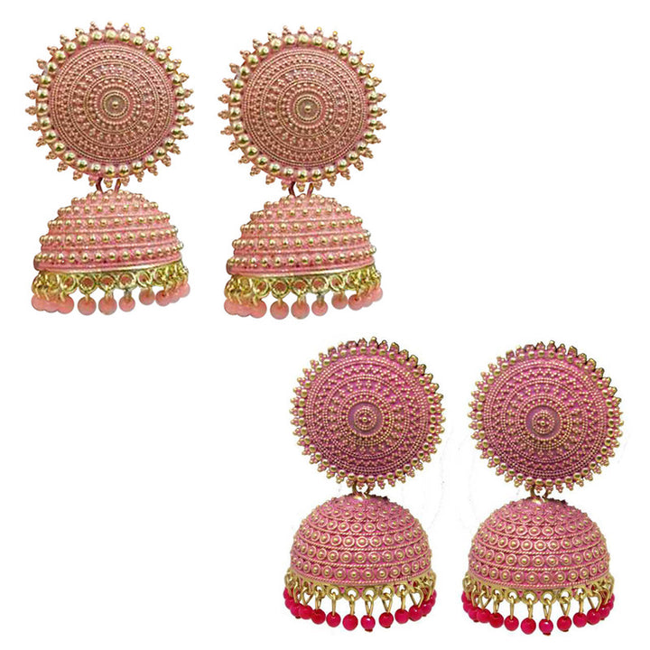 Combo of 2 Pretty Pink and Peach Pearls Drop Dome Shape Jhumki Earrings