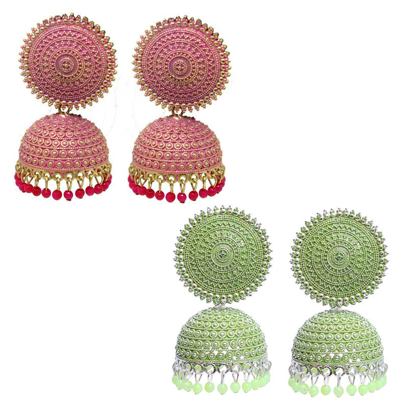 Combo of 2 Stylish Seagreen and Pink Pearls Drop Dome Shape Jhumki Earrings