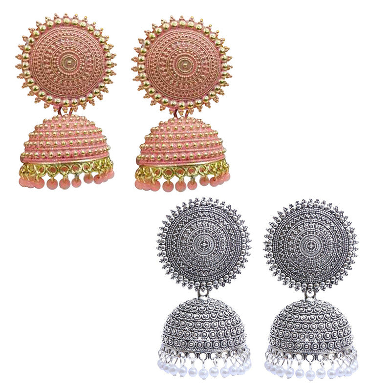 Combo of 2 Enamelled Silver and Peach Pearls Drop Dome Shape Jhumki Earrings