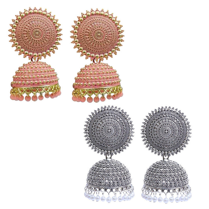 Combo of 2 Enamelled Silver and Peach Pearls Drop Dome Shape Jhumki Earrings