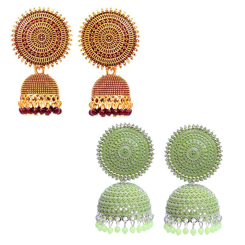 Combo of 2 Attractive Seagreen and Maroon Pearls Drop Dome Shape Jhumki Earrings