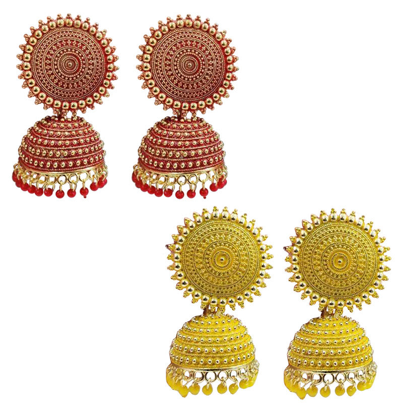 Combo of 2 Trendy Yellow and Red Pearls Drop Dome Shape Jhumki Earrings