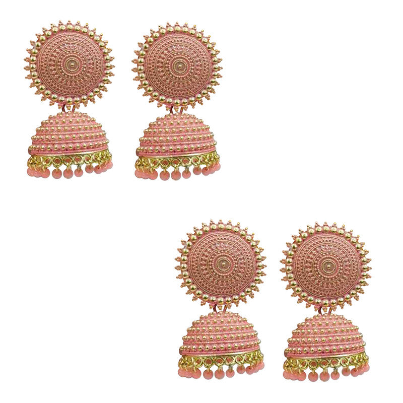 Combo of 2 Enamelled Peach Pearls Drop Dome Shape Jhumki Earrings