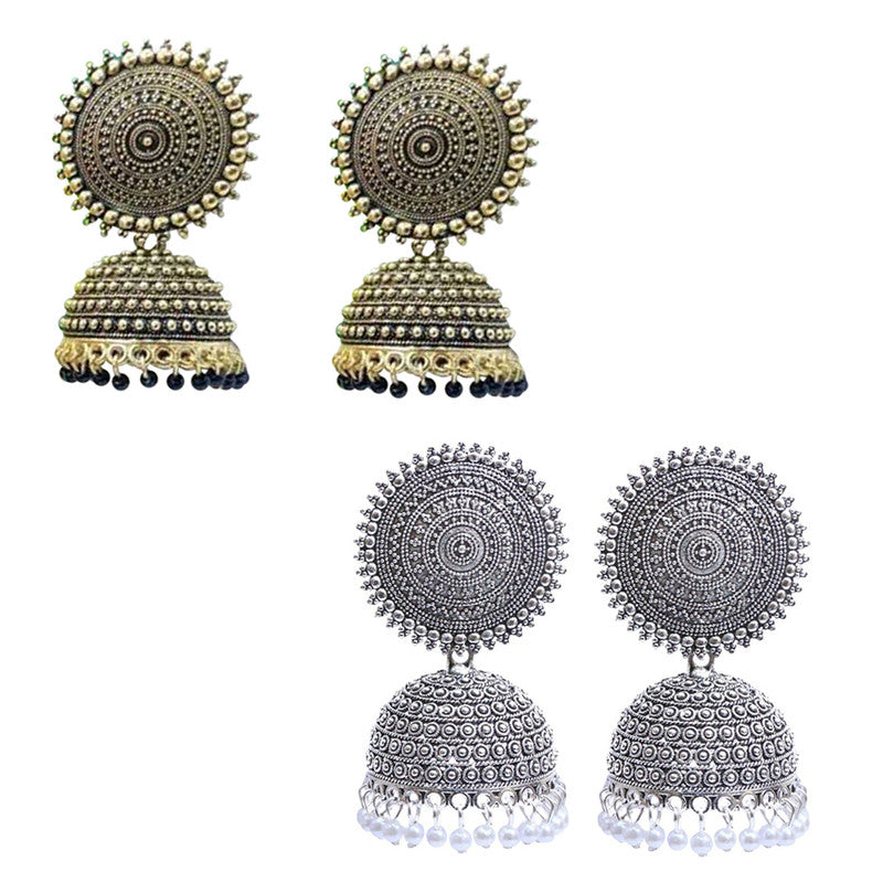 Combo of 2 Enamelled Silver and Black Pearls Drop Dome Shape Jhumki Earrings