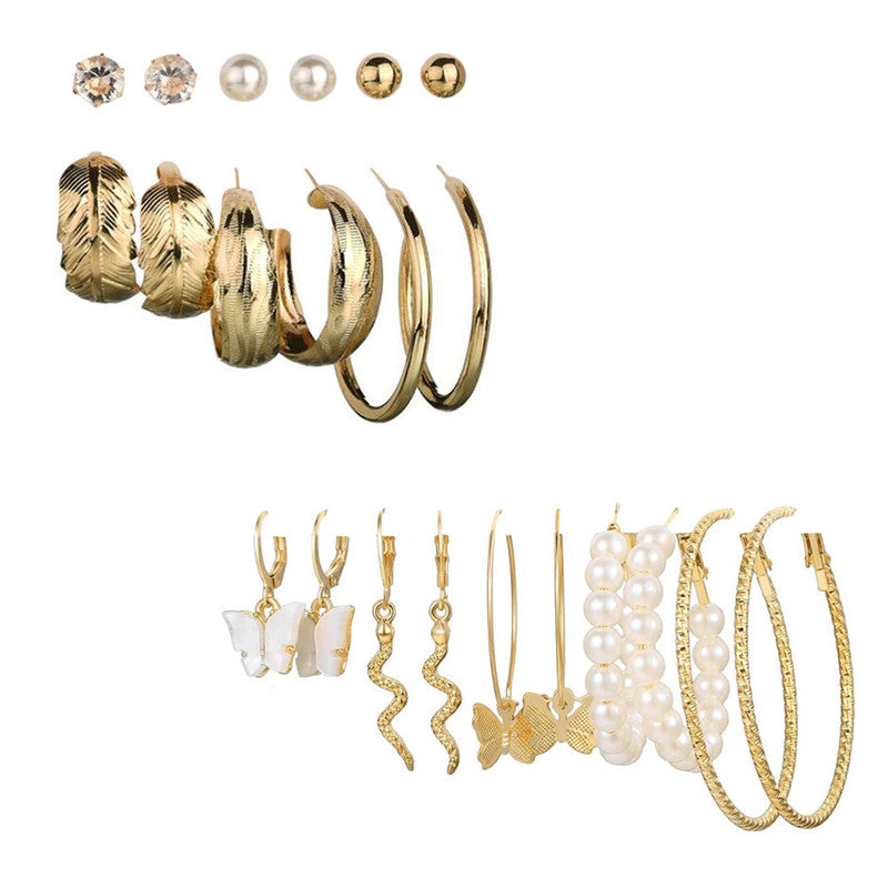 Combo of 11 Pair Lavish Gold Plated Pearl Hoop, Drop, Hoop and Studs Earrings