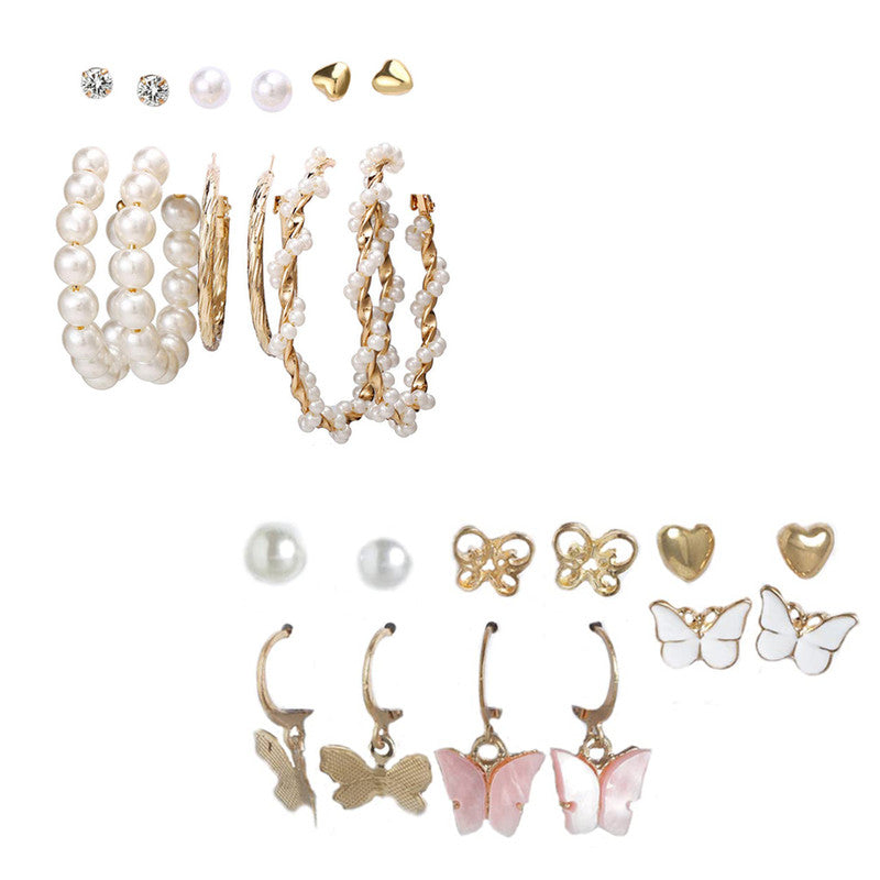 Combo of 12 Pair Pretty Gold Plated Pearl Heart Studs And Hoop Earrings