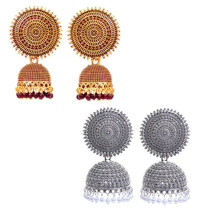 Combo of 2 Lavish Silver and Maroon Pearls Drop Dome Shape Jhumki Earrings