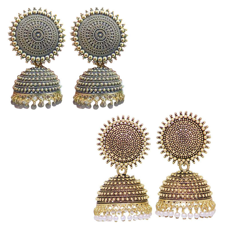 Combo of 2 Pretty Grey and Golden Pearls Drop Dome Shape Jhumki Earrings