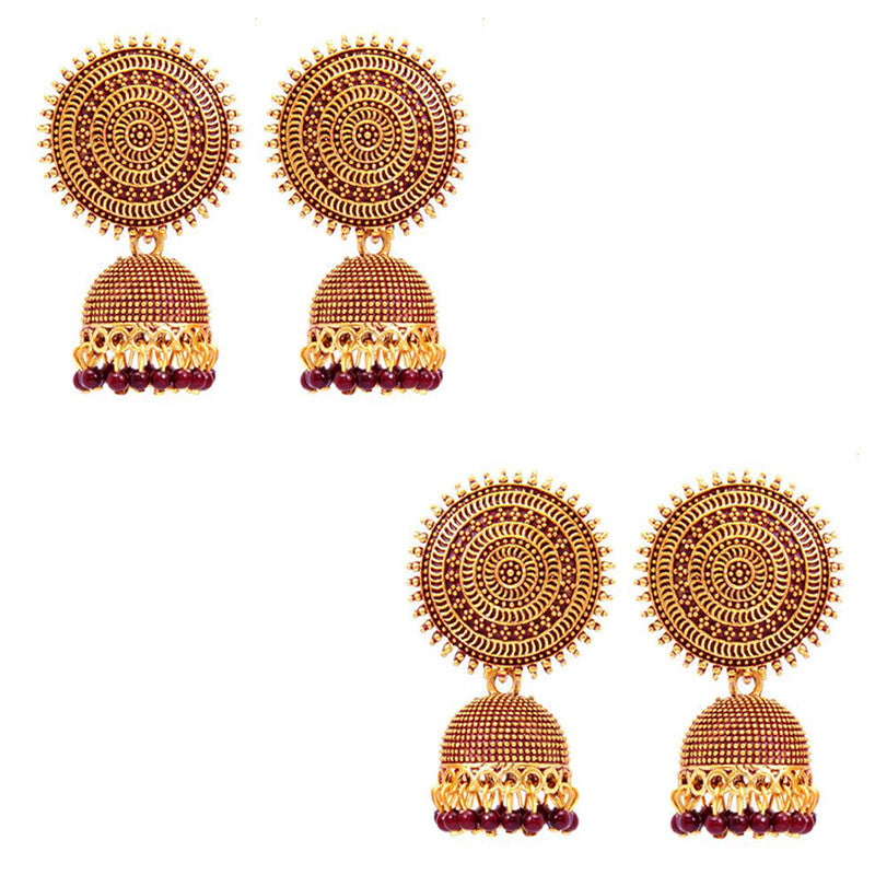 Combo of 2 Stunning Maroon Pearls Drop Dome Shape Jhumki Earrings