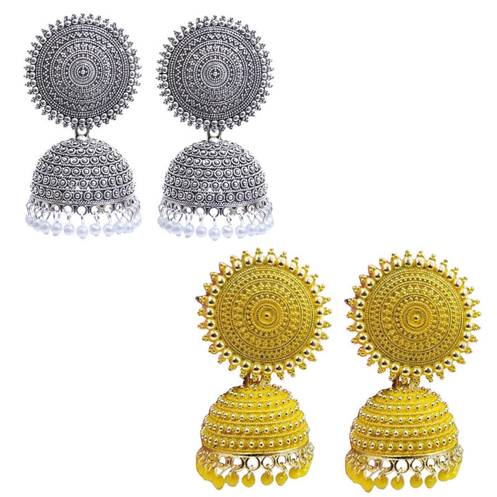 Combo of 2 Enamelled Yellow and Silver Pearls Drop Dome Shape Jhumki Earrings