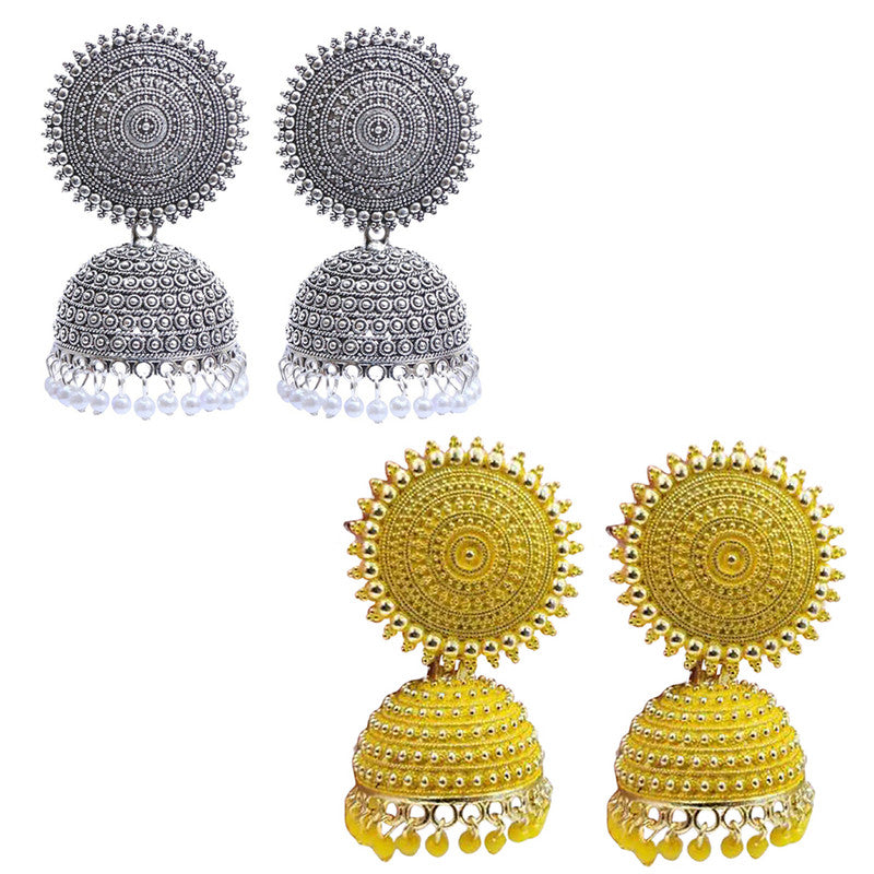 Combo of 2 Enamelled Yellow and Silver Pearls Drop Dome Shape Jhumki Earrings