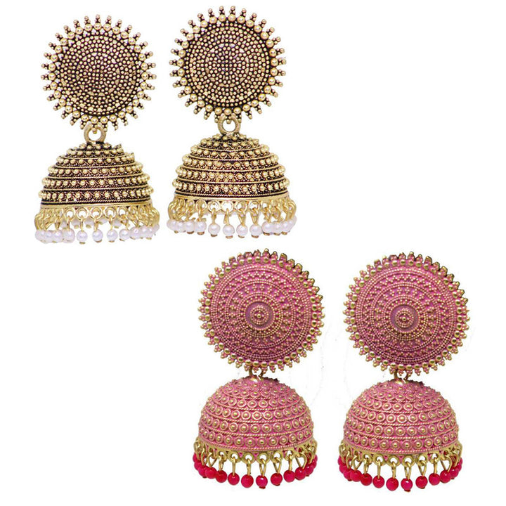 Combo of 2 Enamelled Pink and Golden Pearls Drop Dome Shape Jhumki Earrings