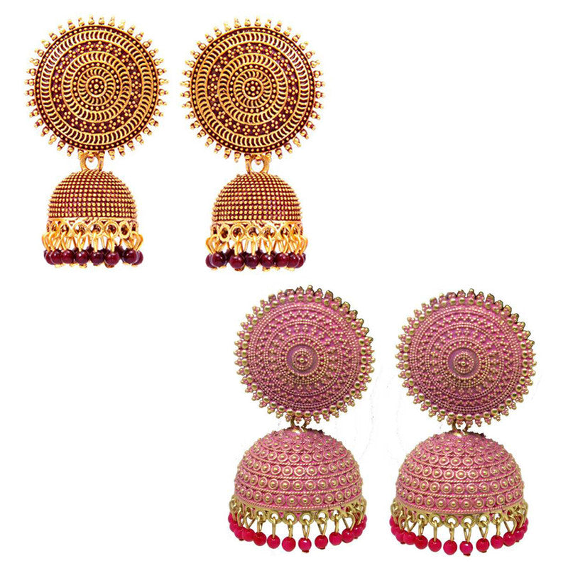 Combo of 2 Stunning Pink and Maroon Pearls Drop Dome Shape Jhumki Earrings