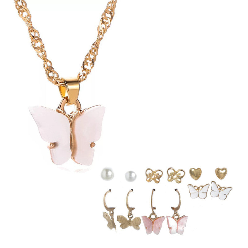 Vembley Combo Of White Butterfly Pendant Necklace With Earrings Set For Women and Girls