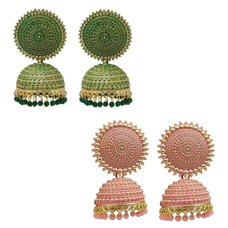 Combo of 2 Traditional Peach and Dark Green Pearls Drop Dome Shape Jhumki Earrings