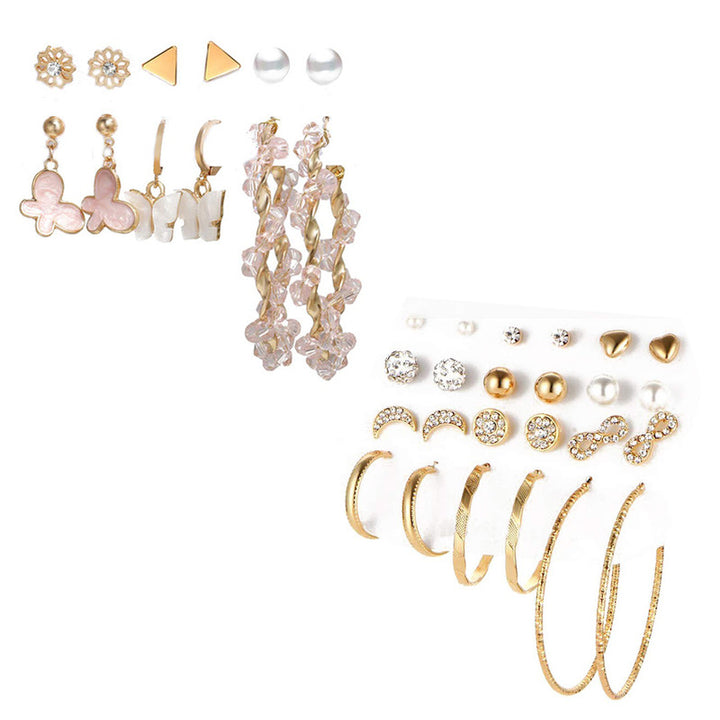 Combo of 18 Pair Pretty Gold-Plated Pearl Stone Studs and Hoop Earrings