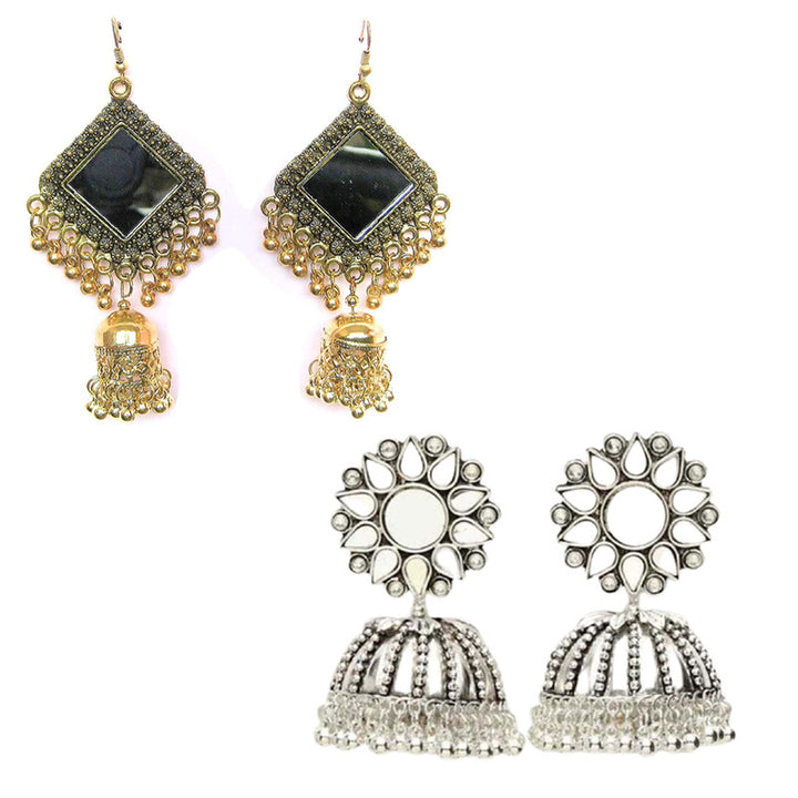 Combo of 2 Chandelier Mirror Stud Jhumki and Square Mirror Earrings For women