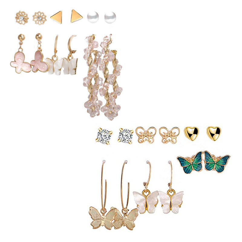 Combo of 12 Pair Golden Butterfly Crystal Studs and hoop Earrings