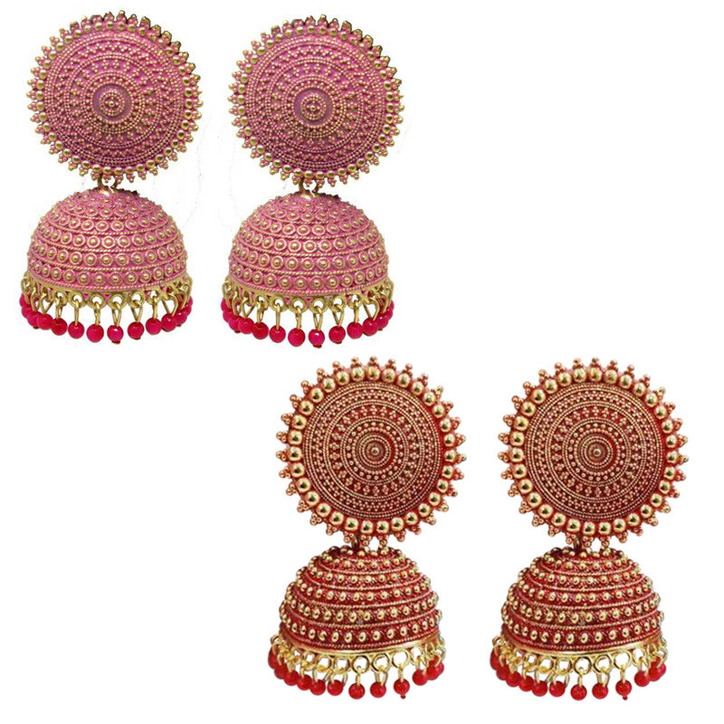 Combo of 2 Trendy Red and Pink Pearls Drop Dome Shape Jhumki Earrings