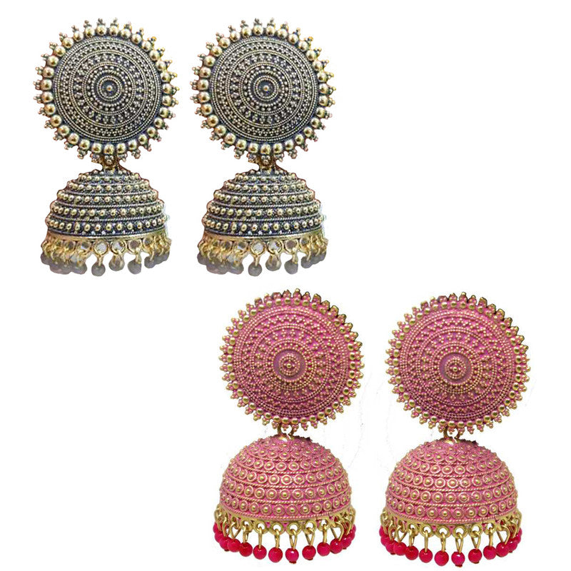 Combo of 2 Enamelled Pink and Grey Pearls Drop Dome Shape Jhumki Earrings