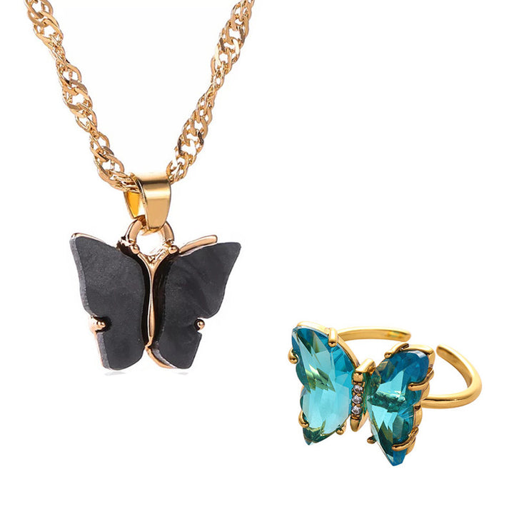Vembley Combo Of Charming Gold Plated Mariposa Necklace with Crystal Butterfly Ring