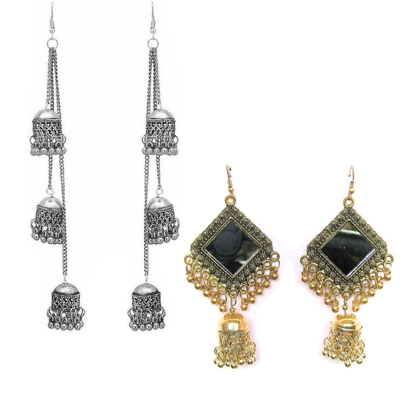 Combo of 2 Stylish Square Mirror and Multicolor layered Ghungroo Earrings