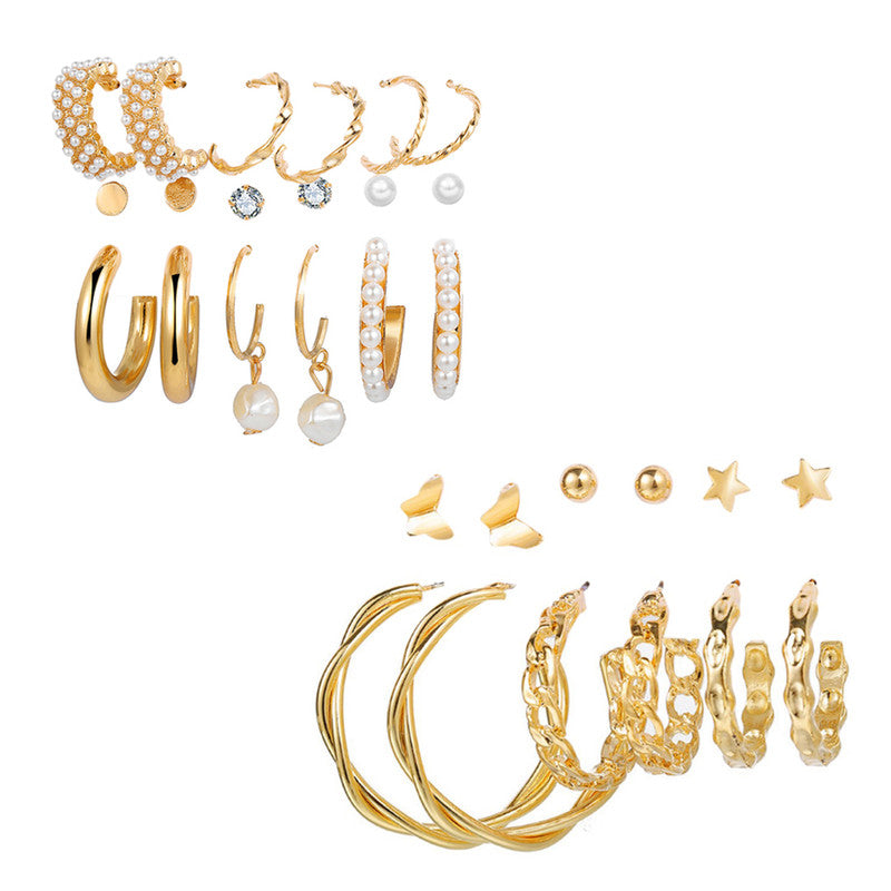 Combo of 15 Pair Pretty Gold Plated Cross hoop, Hoop and Studs Earrings