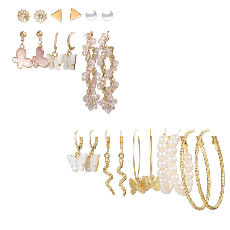 Combo of 11 Pair Gold-Plated Pearl Hoop, Drop, Hoop and Studs Earrings