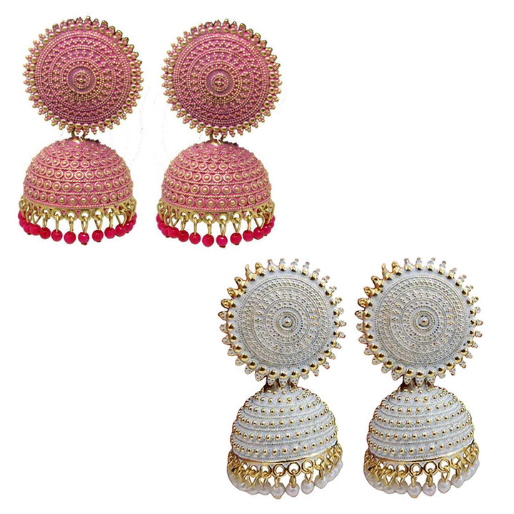 Combo of 2 Traditional White and Pink Pearls Drop Dome Shape Jhumki Earrings