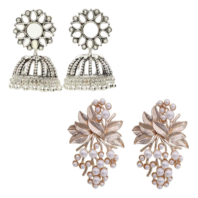 Combo of 2 Flower Pearl Stud and Mirror Stud Jhumki Earrings