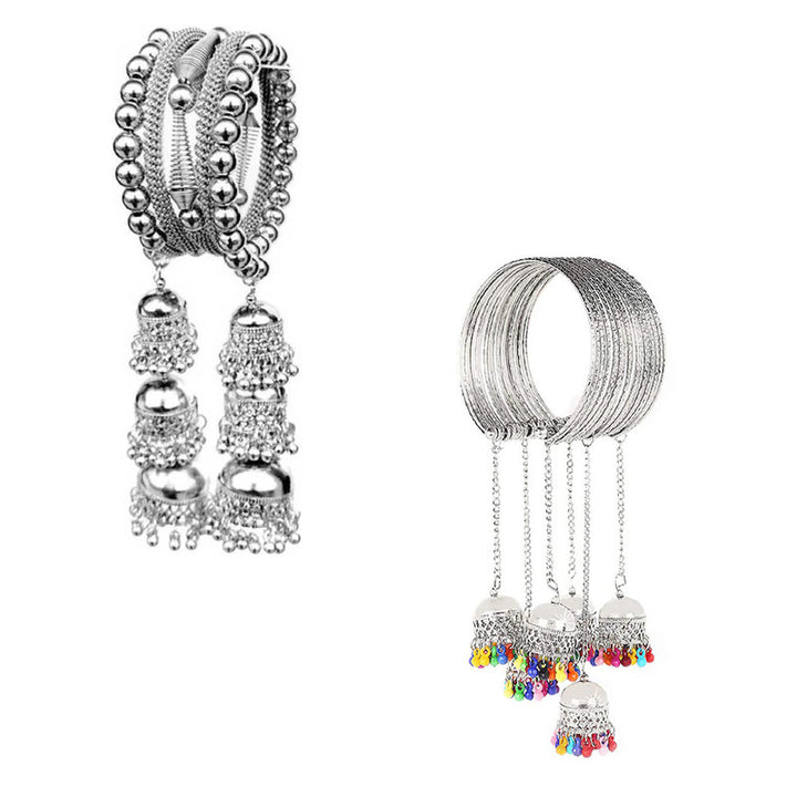 Vembley Combo of 2 Classic Silver Bangle Bracelet with Multicolor Beads Hanging Jhumki