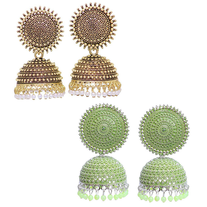 Combo of 2 Lavish Seagreen and Golden Pearls Drop Dome Shape Jhumki Earrings