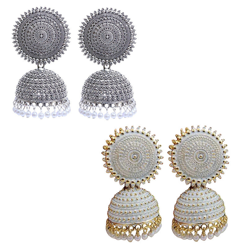 Combo of 2 Stunning White and Silver Pearls Drop Dome Shape Jhumki Earrings