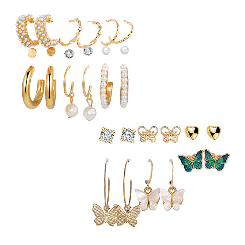 Combo of 15 Pair Gold Plated Butterfly Crystal Studs and hoop Earrings