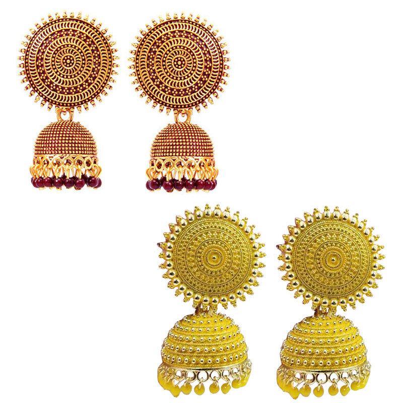 Combo of 2 Stylish Yellow and Maroon Pearls Drop Dome Shape Jhumki Earrings